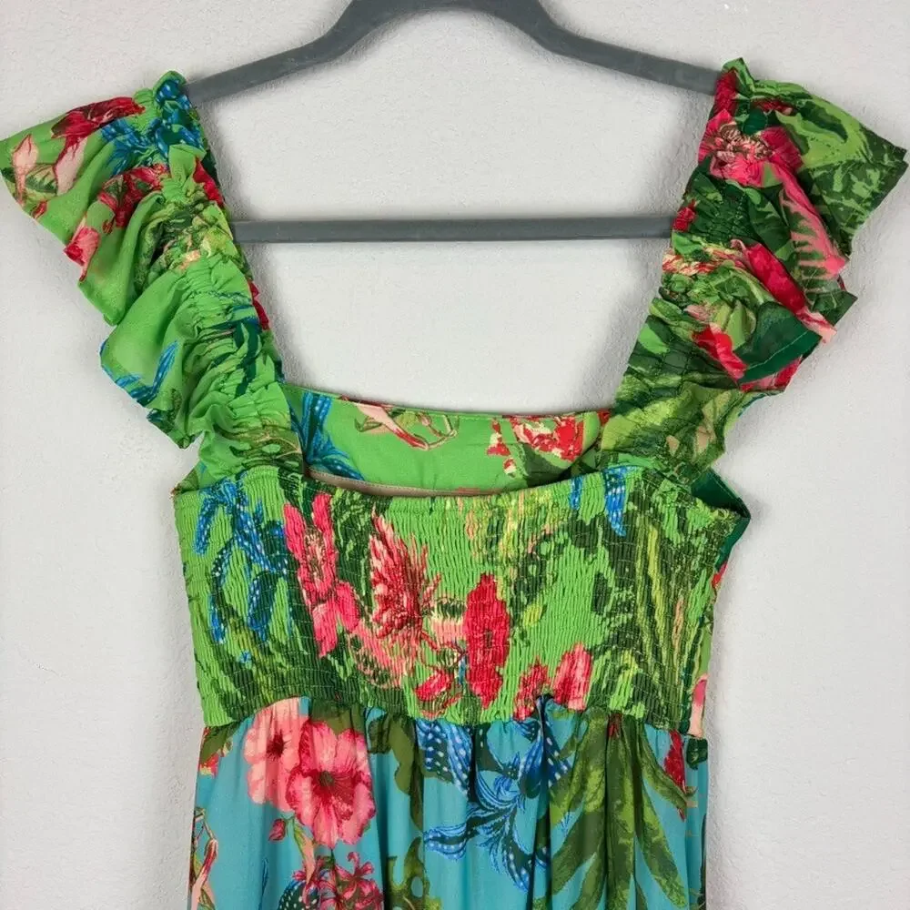 Avara Ivy Floral Tiered Maxi Dress Small Tropical Hawaiian Resort Smocked Back - Picture 12 of 13